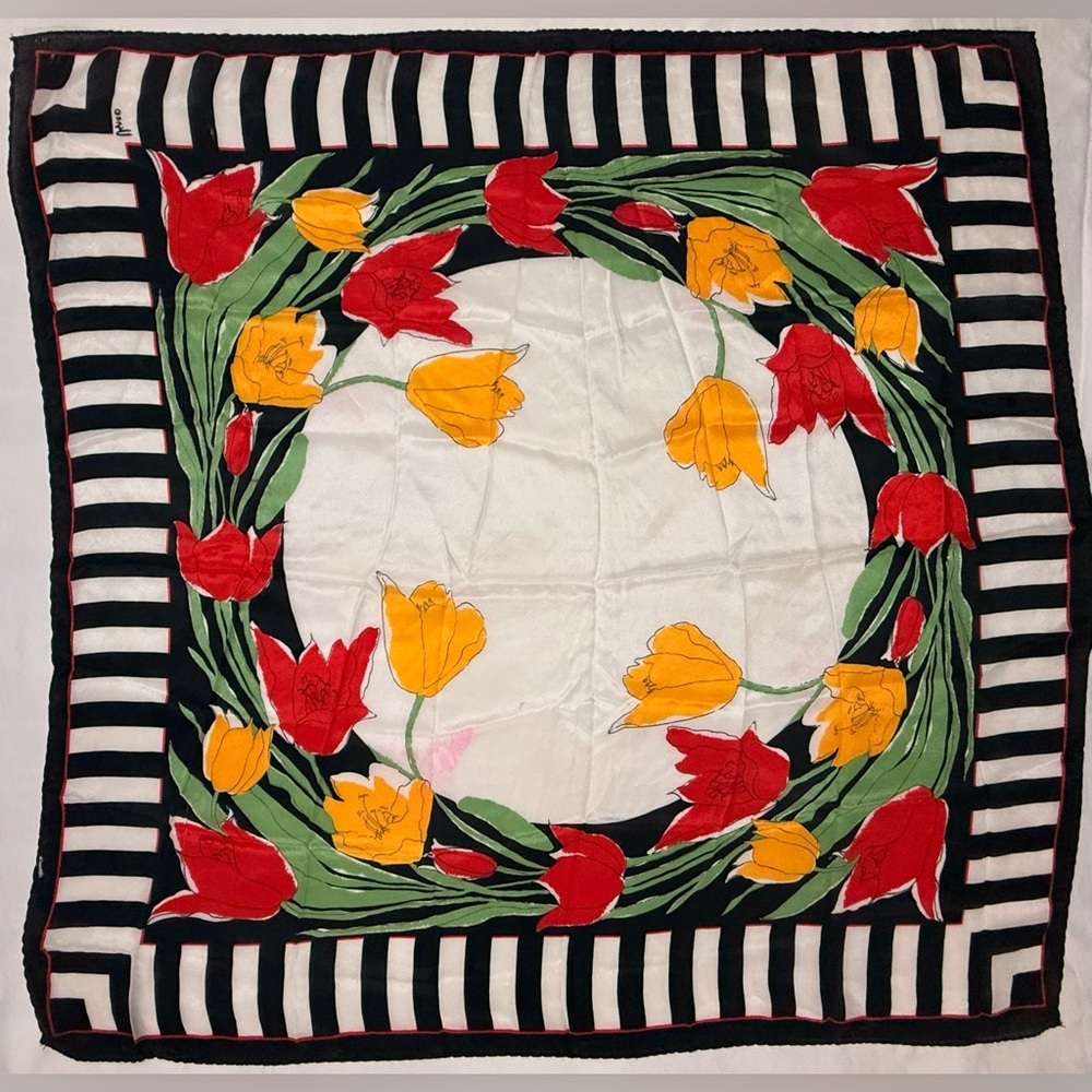 Vera Neumann Vintage Tulip Floral Black White Striped Silk Scarf 27”